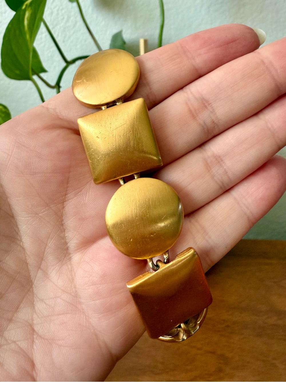 Vintage Anne Klein 80s 90s Matte Satin Gold Modernist Circle Square Bracelet